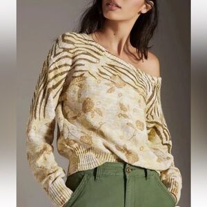 Anthropologie Pilcro Floral Yellow Printed Cotton Sweater Off The Shoulder Large